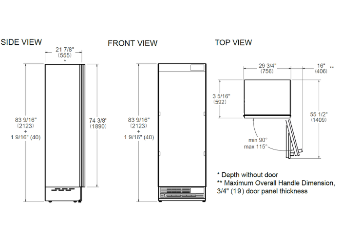 75 cm Built-in Refrigerator Column with internal water dispenser, reversible door