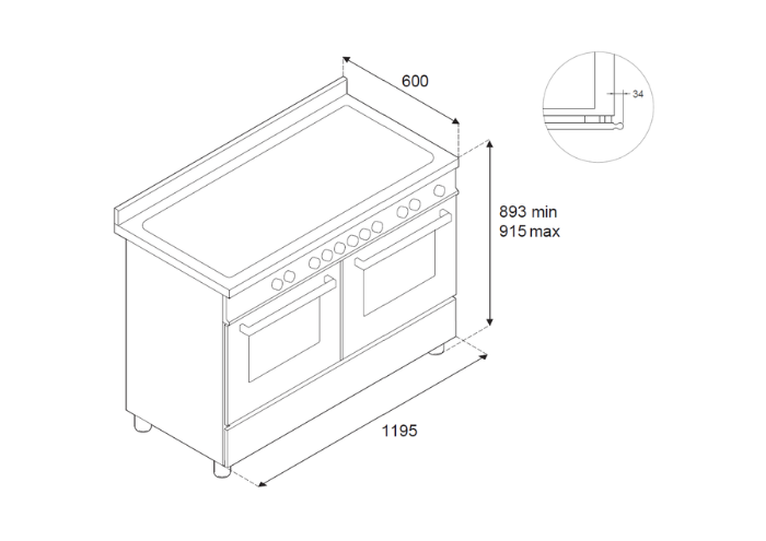 120 cm induktionshäll + stekbord, elektrisk dubbelugn